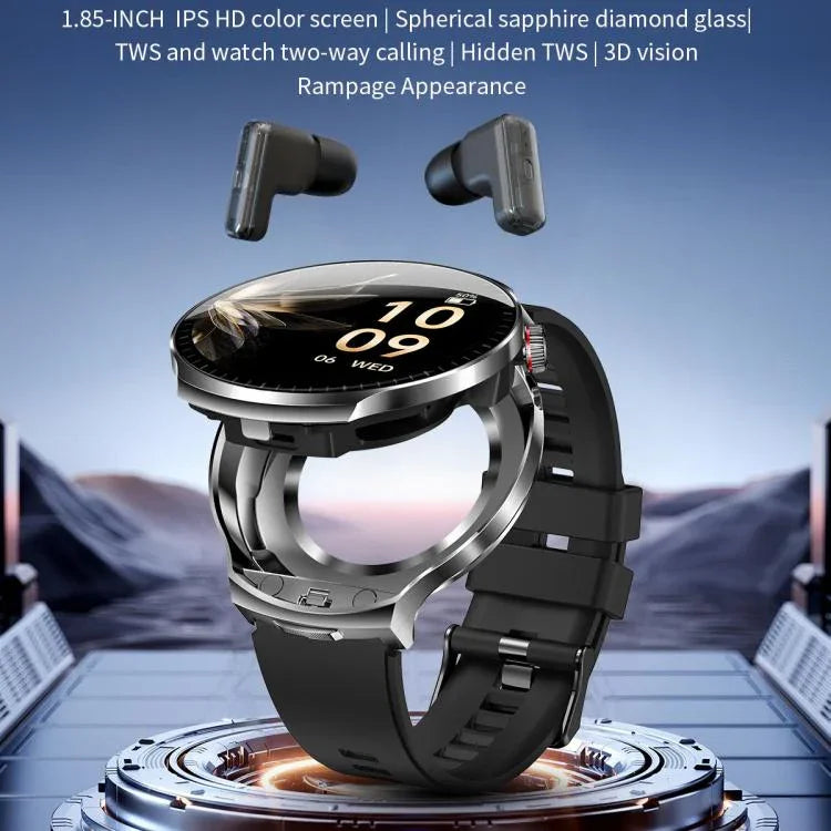 T100 Màn hình tròn 1.85 inch Tai nghe Bluetooth 2 trong 1 Đồng hồ thông minh chống nước IP67, Hỗ trợ đo oxy trong máu