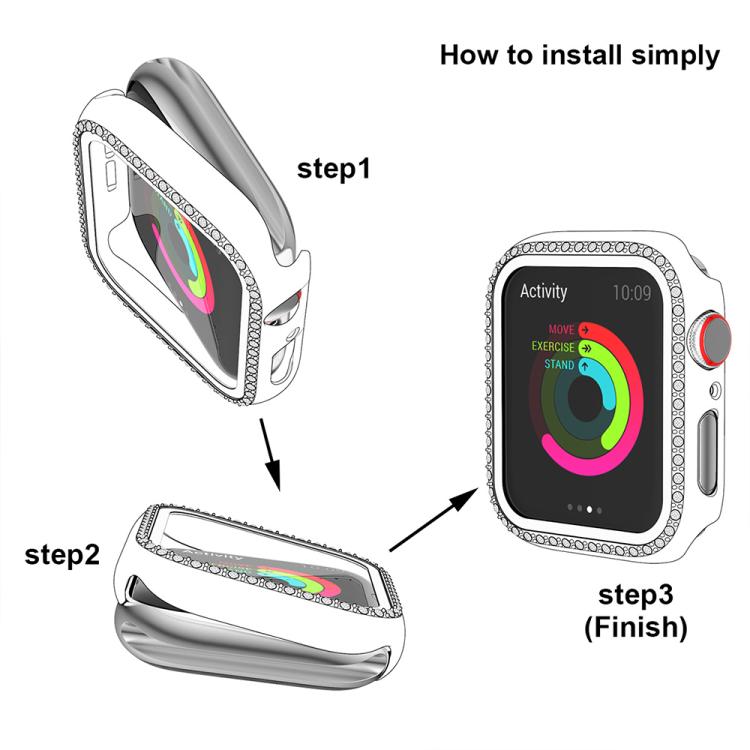 xDfind Single Row Diamond Tempered Glass Film Integrated PC Watch Case, For Apple Watch Series 9 / 8 / 7 45mm, For Apple Watch Series 9 / 8 / 7 41mm, For Apple Watch Series 3 / 2 / 1 38mm, For Apple Watch Series 3 / 2 / 1 42mm