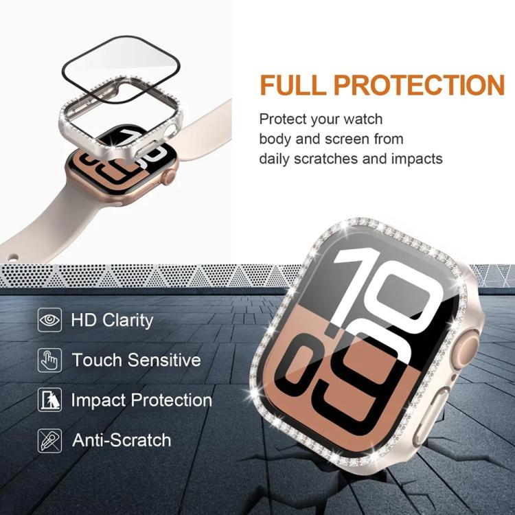 xDfind Single Row Diamond Tempered Glass Film Integrated PC Watch Case, For Apple Watch Series 9 / 8 / 7 45mm, For Apple Watch Series 9 / 8 / 7 41mm, For Apple Watch Series 3 / 2 / 1 38mm, For Apple Watch Series 3 / 2 / 1 42mm
