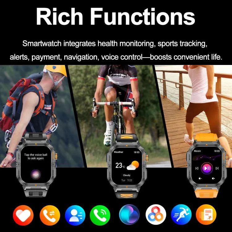 Đồng hồ thông minh thể thao ngoài trời YK12 màn hình 2.0 inch, chống nước IP68, có đèn pin tích hợp