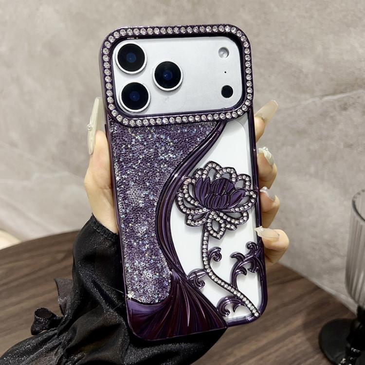 Ốp lưng điện thoại TPU mạ điện khắc rỗng hoa sen đính đá lấp lánh, dành cho iPhone 17 Pro Max, iPhone 17 Pro, iPhone 17, iPhone 16 Pro Max, iPhone 16 Pro, iPhone 16, iPhone 15 Pro Max, iPhone 15 Pro