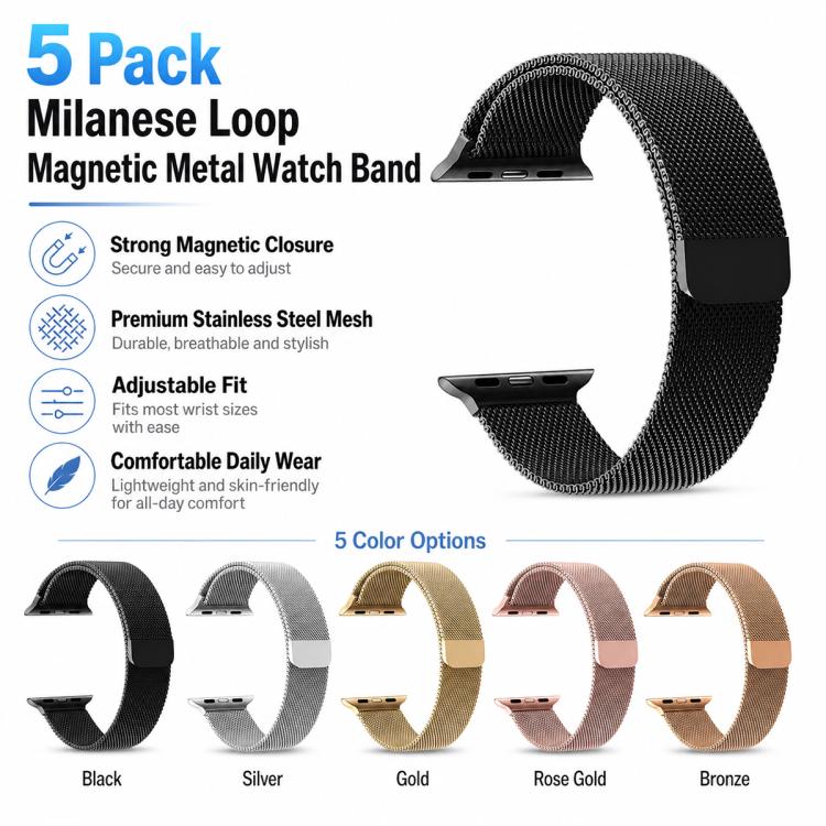 Bộ 5 dây đồng hồ kim loại từ tính Milanese xDfind, dành cho Apple Watch 42 / 44 / 45 / 46 / 49mm, dành cho Apple Watch 38 / 40 / 41 / S11 42mm