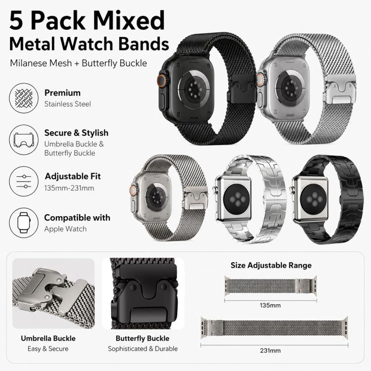 Bộ 5 dây đồng hồ Milanese khóa dù + khóa bướm hỗn hợp xDfind, dành cho Apple Watch 42 / 44 / 45 / 46 / 49mm, dành cho Apple Watch 38 / 40 / 41 / S11 42mm