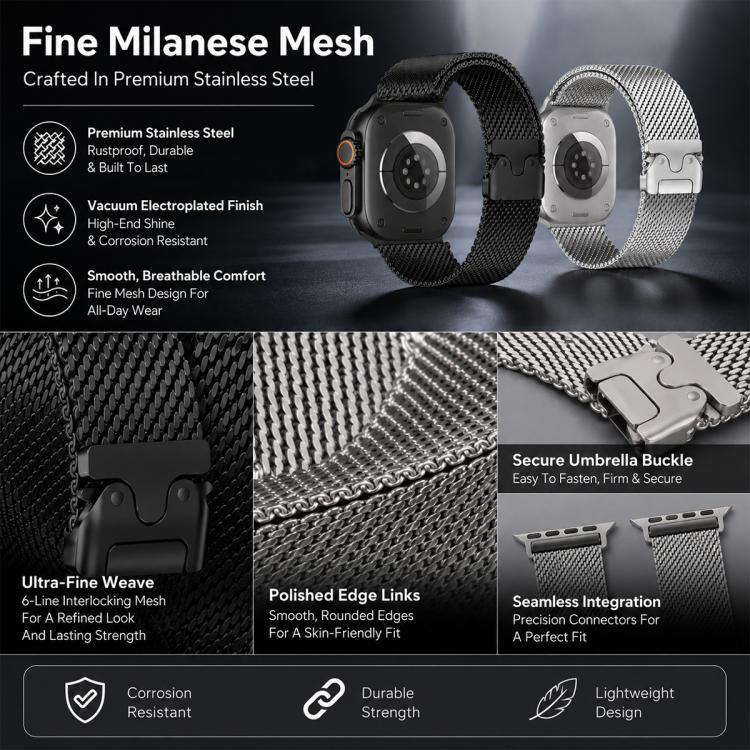 Bộ 5 dây đồng hồ Milanese khóa dù + khóa bướm hỗn hợp xDfind, dành cho Apple Watch 42 / 44 / 45 / 46 / 49mm, dành cho Apple Watch 38 / 40 / 41 / S11 42mm