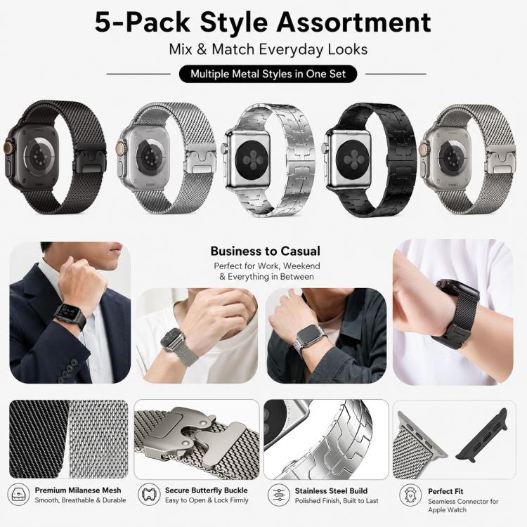 Bộ 5 dây đồng hồ Milanese khóa dù + khóa bướm hỗn hợp xDfind, dành cho Apple Watch 42 / 44 / 45 / 46 / 49mm, dành cho Apple Watch 38 / 40 / 41 / S11 42mm