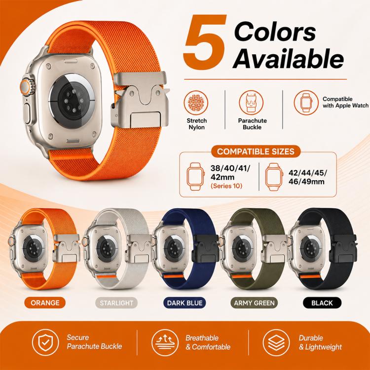 Bộ 5 dây đồng hồ nylon co giãn khóa dù xDfind, dành cho Apple Watch 42 / 44 / 45 / 46 / 49mm, dành cho Apple Watch 38 / 40 / 41 / S11 42mm