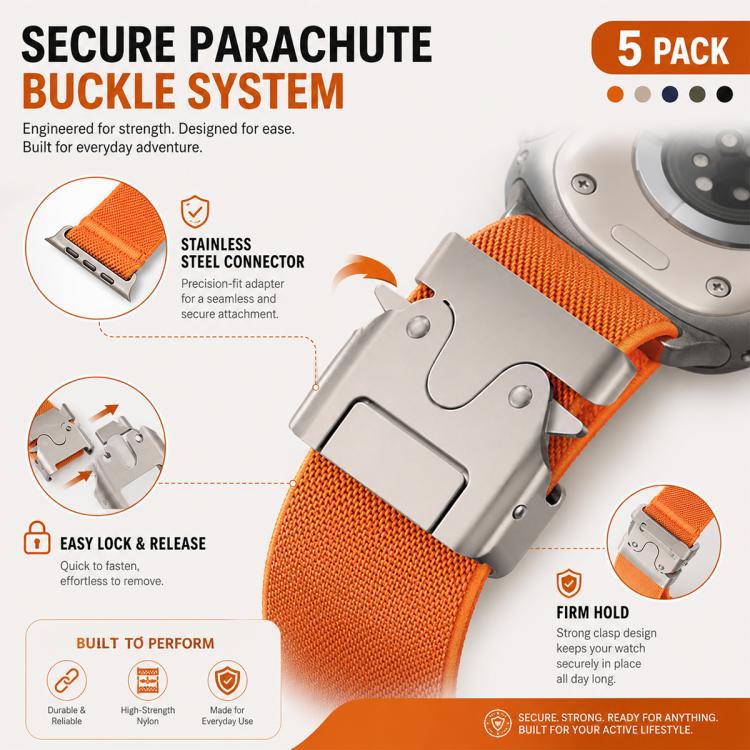 Bộ 5 dây đồng hồ nylon co giãn khóa dù xDfind, dành cho Apple Watch 42 / 44 / 45 / 46 / 49mm, dành cho Apple Watch 38 / 40 / 41 / S11 42mm