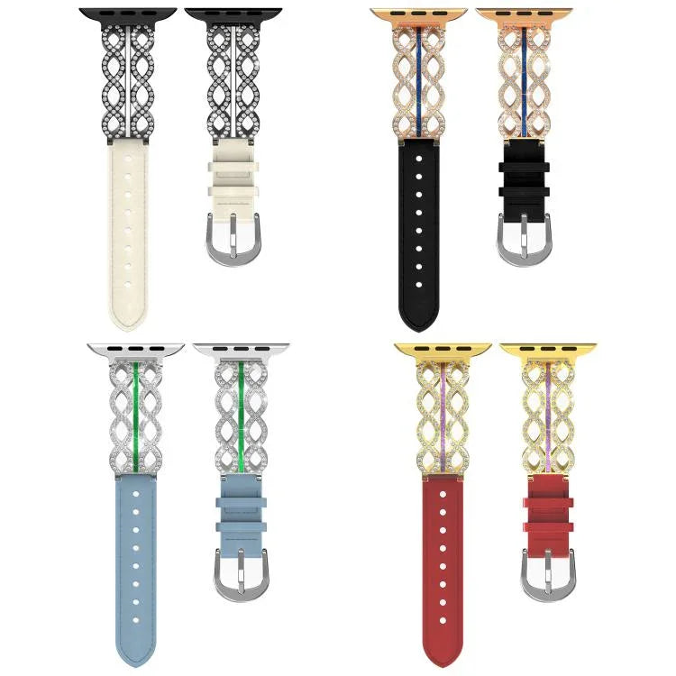 Dây đồng hồ da thật kết hợp thép không gỉ đính kim cương xDfind, dành cho Apple Watch 38 / 40 / 41 / S11 42mm