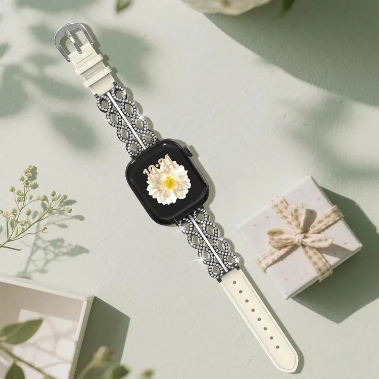 Dây đồng hồ da thật kết hợp thép không gỉ đính kim cương xDfind, dành cho Apple Watch 38 / 40 / 41 / S11 42mm