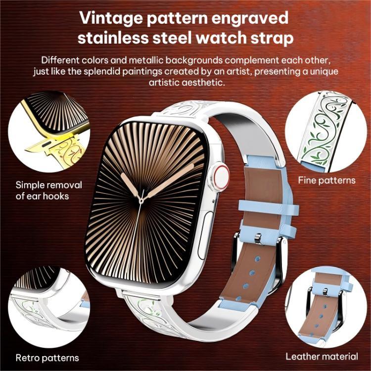 Dây đồng hồ da thật kết hợp thép không gỉ khắc hoa văn cổ điển xDfind, dành cho Apple Watch 38 / 40 / 41 / S11 42mm