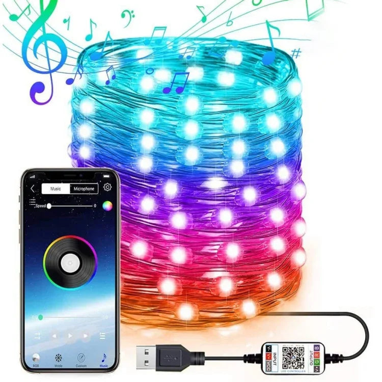 Dây đèn LED dây đồng RGB USB trang trí lễ hội, điều khiển qua ứng dụng Bluetooth trên điện thoại, 2m 20 đèn LED, 5m 50 đèn LED, 10m 100 đèn LED, 12m 120 đèn LED, 15m 150 đèn LED, 20m 200 đèn LED