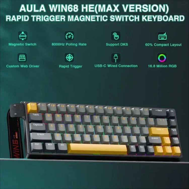 Bàn phím có dây AULA WIN68HE phiên bản MAX 68 phím có đèn RGB, WIN68HE trục từ tính Wing Chun màu đậm + nhạt + vàng