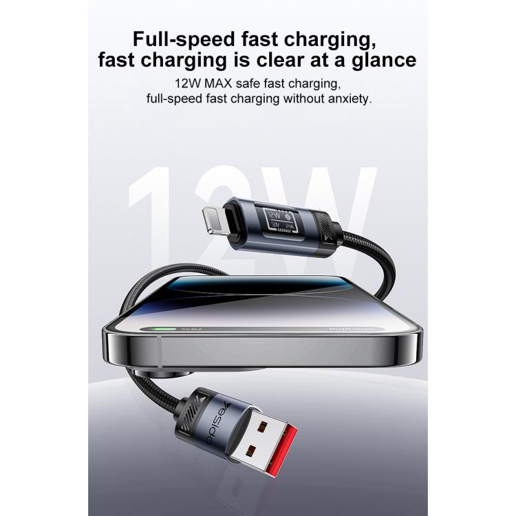 Dây cáp sạc dữ liệu USB sang 8 Pin Yesido CA138L 12W 2.4A có màn hình OLED, USB sang 8 Pin