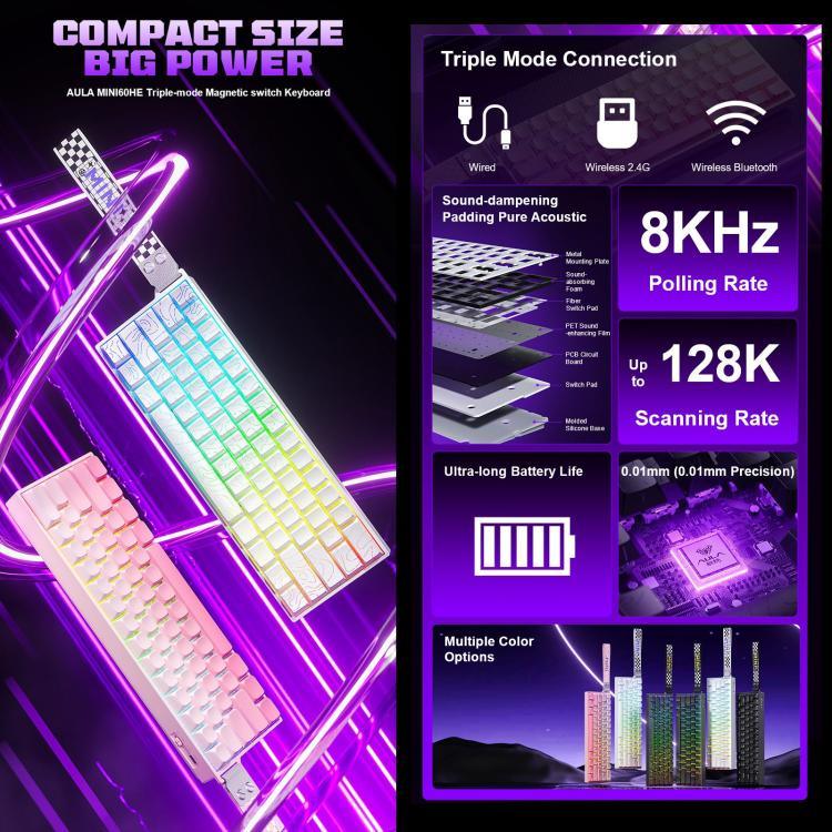 Bàn phím cơ chơi game không dây AULA MINI60 HE Pro 61 phím có đèn RGB
