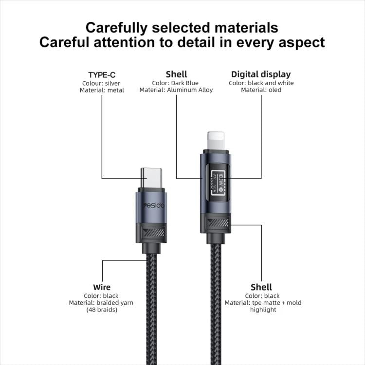 Cáp sạc dữ liệu Yesido CA201 27W Type-C sang 8 Pin màn hình OLED, Type-C sang 8 Pin