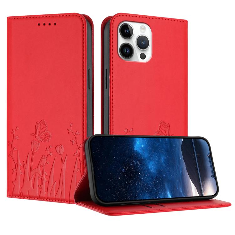 Tulips Butterfly Pattern Magnetic Vegan Leather Phone Case, For iPhone 13, For iPhone 13 mini, For iPhone 12 / 12 Pro, For iPhone 12 Pro Max