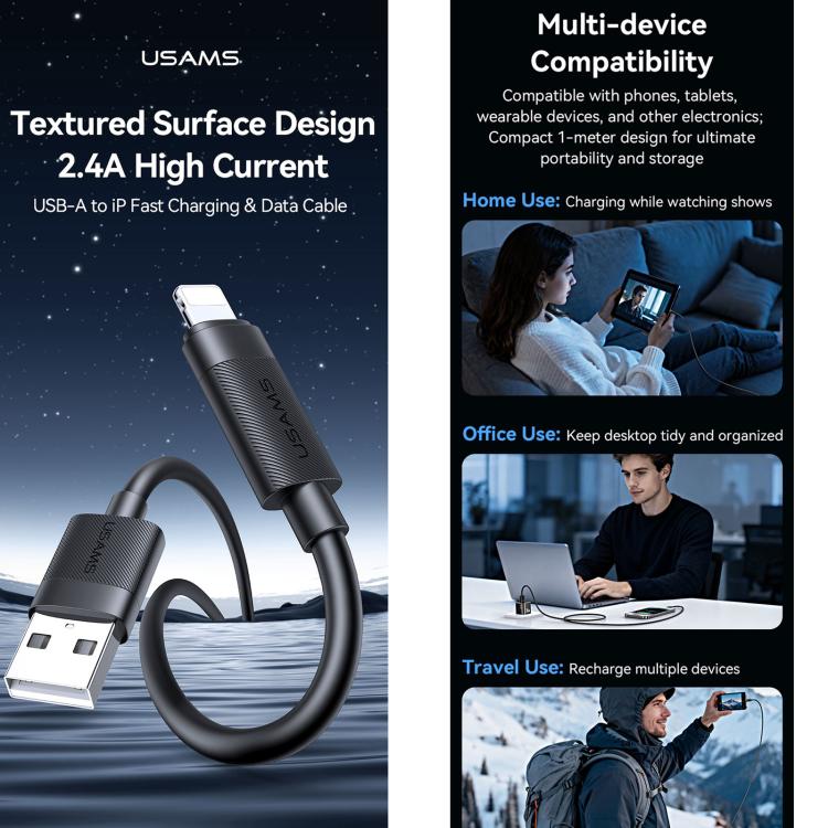 Cáp dữ liệu sạc nhanh USB sang 8pin 2.4A USAMS SJ778 U94, USB sang 8pin