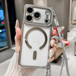 Ốp lưng điện thoại nam châm mạ acrylic trong suốt đính đá pha lê, kèm dây đeo chéo bên phải, dành cho iPhone 17 Pro Max, iPhone 17 Pro, iPhone 17, iPhone Air, iPhone 16 Pro Max, iPhone 16 Pro, iPhone 16 Plus, iPhone 16