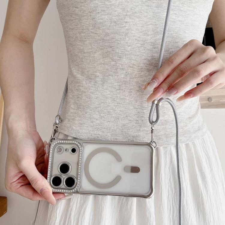 Ốp lưng điện thoại nam châm mạ acrylic trong suốt đính đá pha lê, kèm dây đeo chéo bên phải, dành cho iPhone 17 Pro Max, iPhone 17 Pro, iPhone 17, iPhone Air, iPhone 16 Pro Max, iPhone 16 Pro, iPhone 16 Plus, iPhone 16
