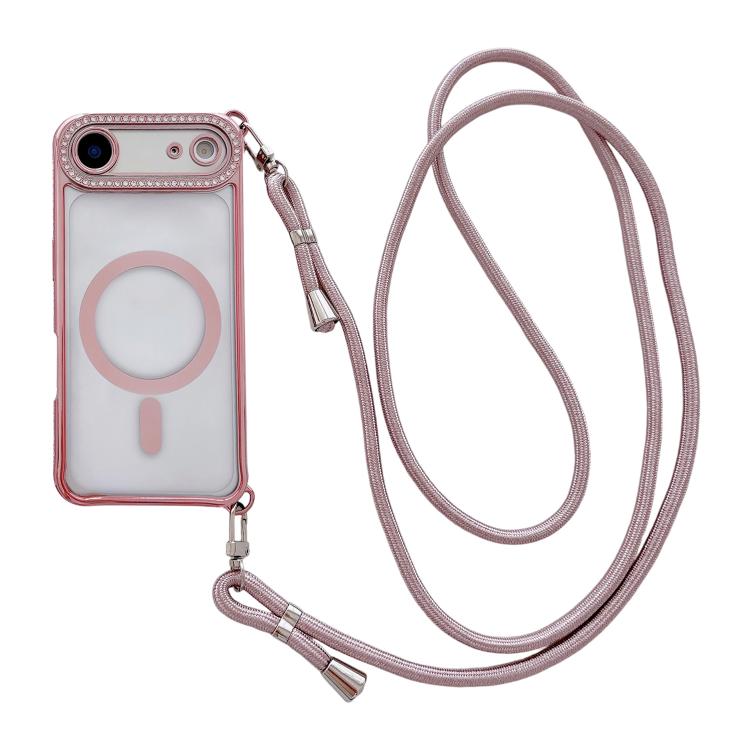 Ốp lưng điện thoại nam châm mạ acrylic trong suốt đính đá pha lê, kèm dây đeo chéo bên phải, dành cho iPhone 17 Pro Max, iPhone 17 Pro, iPhone 17, iPhone Air, iPhone 16 Pro Max, iPhone 16 Pro, iPhone 16 Plus, iPhone 16