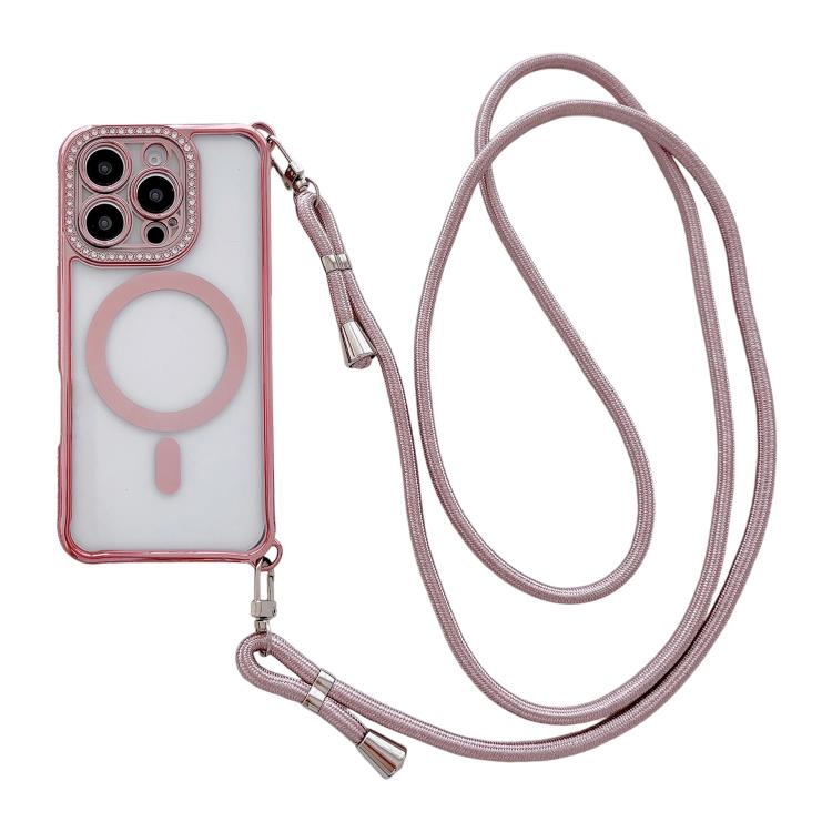 Ốp lưng điện thoại nam châm mạ acrylic trong suốt đính đá pha lê, kèm dây đeo chéo bên phải, dành cho iPhone 17 Pro Max, iPhone 17 Pro, iPhone 17, iPhone Air, iPhone 16 Pro Max, iPhone 16 Pro, iPhone 16 Plus, iPhone 16