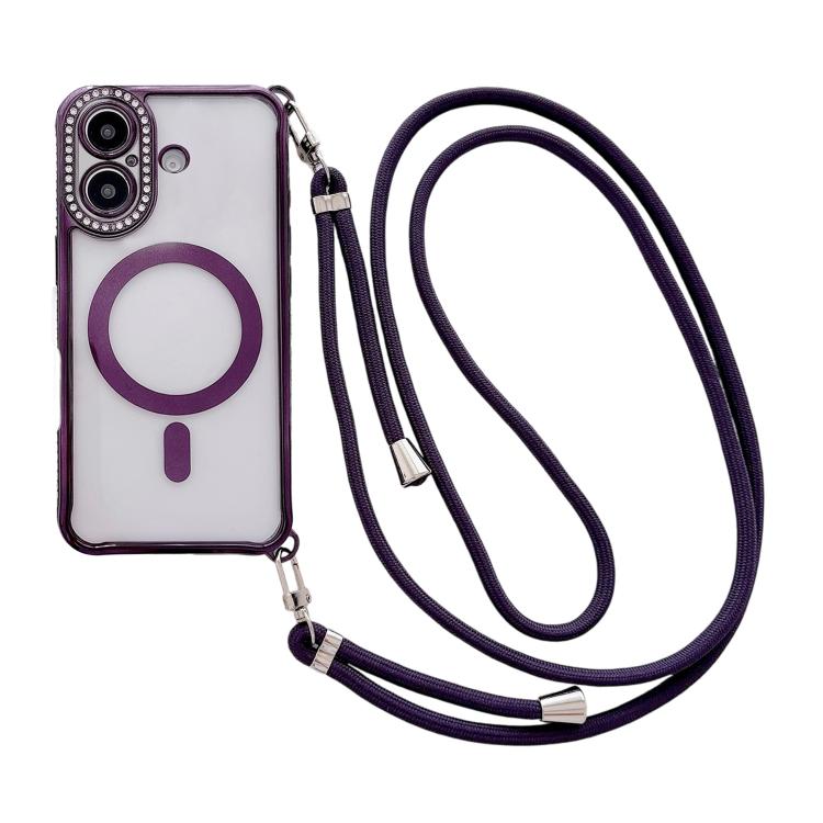 Ốp lưng điện thoại nam châm mạ acrylic trong suốt đính đá pha lê, kèm dây đeo chéo bên phải, dành cho iPhone 17 Pro Max, iPhone 17 Pro, iPhone 17, iPhone Air, iPhone 16 Pro Max, iPhone 16 Pro, iPhone 16 Plus, iPhone 16