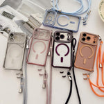 Ốp lưng điện thoại nam châm mạ acrylic trong suốt đính đá pha lê, kèm dây đeo chéo bên phải, dành cho iPhone 17 Pro Max, iPhone 17 Pro, iPhone 17, iPhone Air, iPhone 16 Pro Max, iPhone 16 Pro, iPhone 16 Plus, iPhone 16