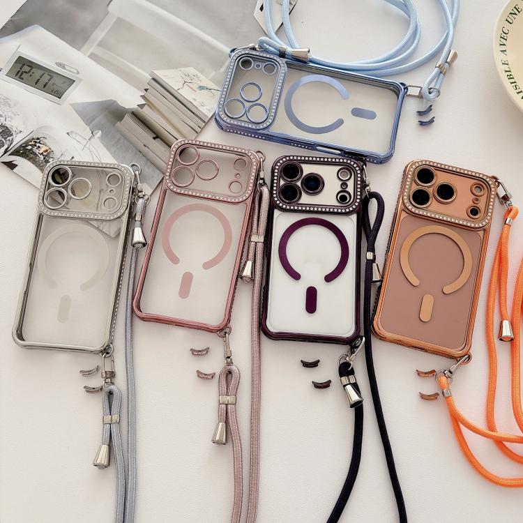 Ốp lưng điện thoại nam châm mạ acrylic trong suốt đính đá pha lê, kèm dây đeo chéo bên phải, dành cho iPhone 17 Pro Max, iPhone 17 Pro, iPhone 17, iPhone Air, iPhone 16 Pro Max, iPhone 16 Pro, iPhone 16 Plus, iPhone 16