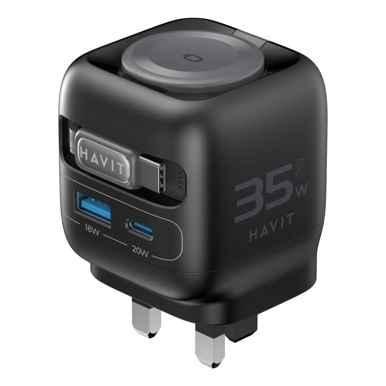 Bộ sạc du lịch GaN 3 trong 1 Havit UC250 35W với cáp Type-C thu gọn, UC250 (phích cắm UK)