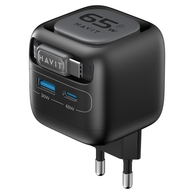Bộ sạc du lịch 3 trong 1 GaN 65W Havit UC253 với cáp Type-C rút gọn, UC253 (phích cắm EU)