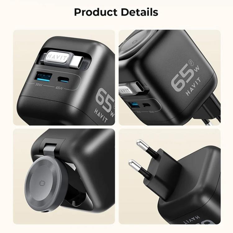 Bộ sạc du lịch 3 trong 1 GaN 65W Havit UC253 với cáp Type-C rút gọn, UC253 (phích cắm EU)