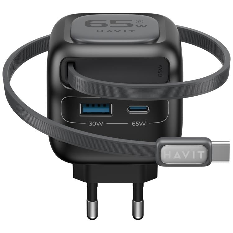 Bộ sạc du lịch 3 trong 1 GaN 65W Havit UC253 với cáp Type-C rút gọn, UC253 (phích cắm EU)