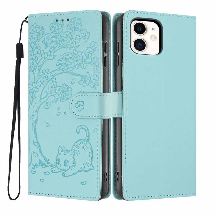 Tree Cat Embossed Flip Vegan Leather Phone Case, For iPhone 13 Pro, For iPhone 13, For iPhone 12 Pro Max, For iPhone 12 / 12 Pro, For iPhone 11 Pro Max, For iPhone 11