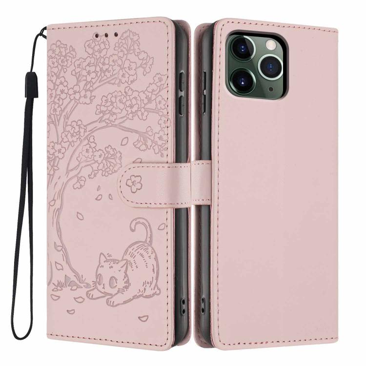 Ốp điện thoại da thuần chay dập nổi hình mèo cây, dành cho iPhone 11 Pro