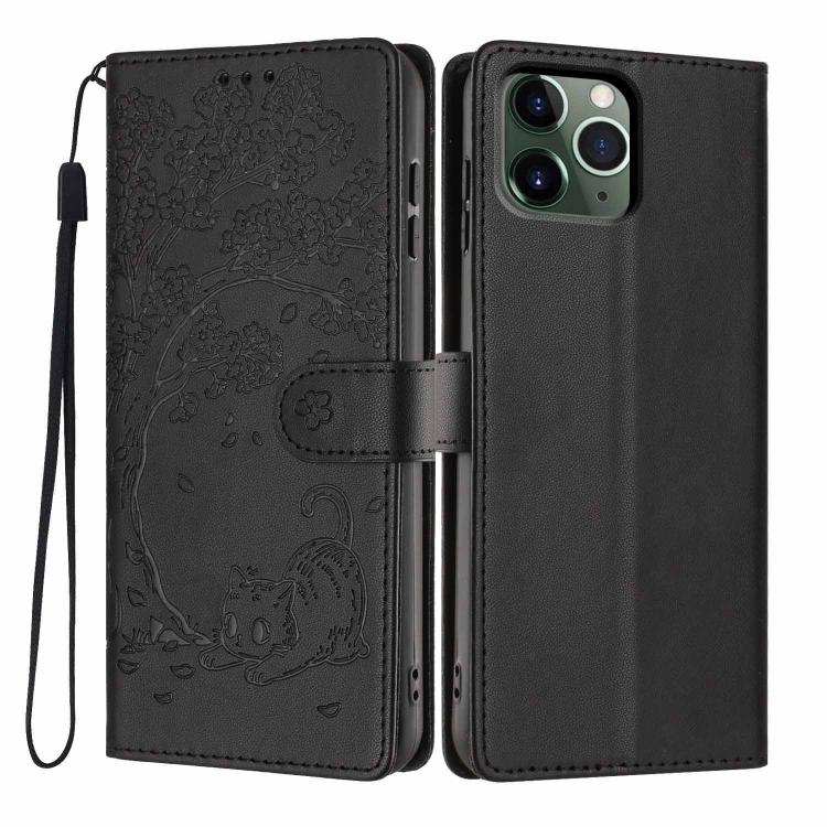 Ốp điện thoại da thuần chay dập nổi hình mèo cây, dành cho iPhone 11 Pro
