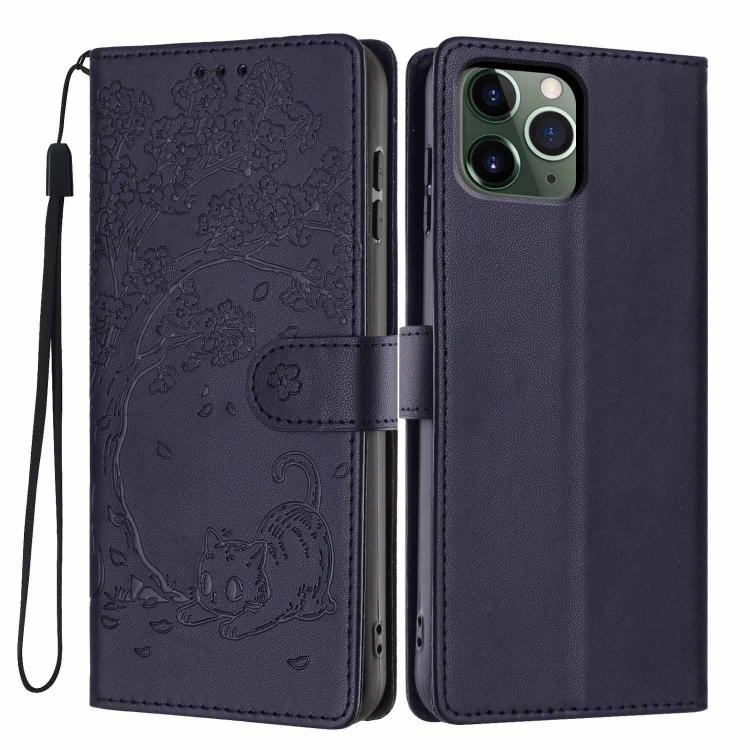 Ốp điện thoại da thuần chay dập nổi hình mèo cây, dành cho iPhone 11 Pro