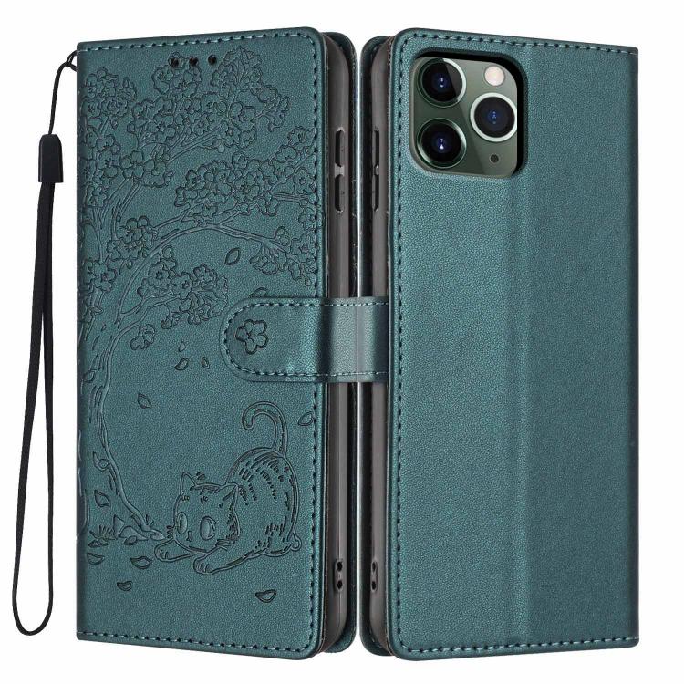 Ốp điện thoại da thuần chay dập nổi hình mèo cây, dành cho iPhone 11 Pro