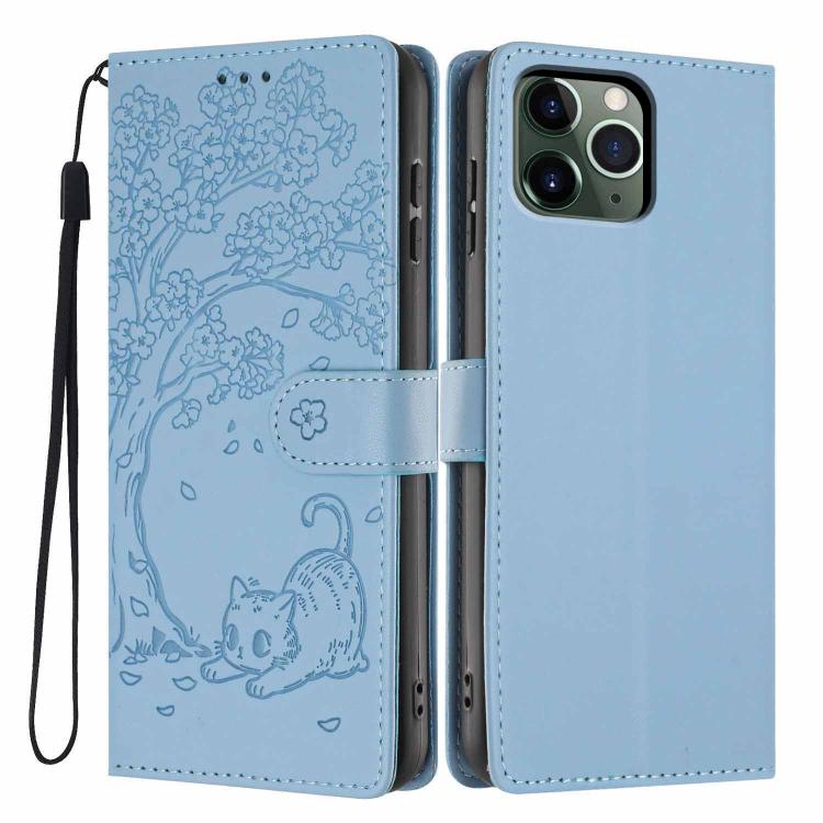 Ốp điện thoại da thuần chay dập nổi hình mèo cây, dành cho iPhone 11 Pro