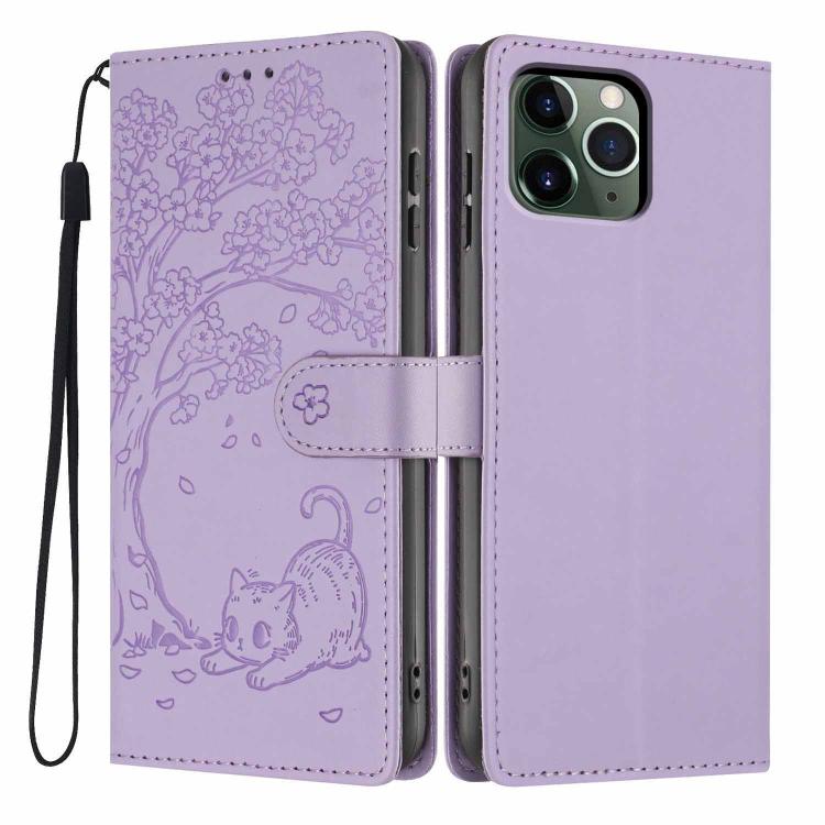 Ốp điện thoại da thuần chay dập nổi hình mèo cây, dành cho iPhone 11 Pro