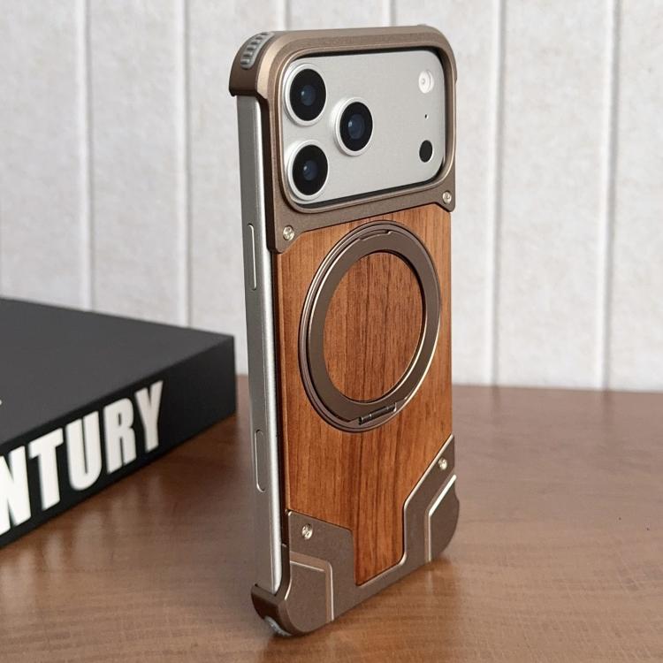 Armor Walnut Wood Metal Frameless 360 Rotation Holder Magnetic Phone Case, For iPhone 17 Pro Max, For iPhone 17 Pro