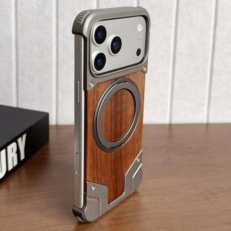 Armor Walnut Wood Metal Frameless 360 Rotation Holder Magnetic Phone Case, For iPhone 17 Pro Max, For iPhone 17 Pro