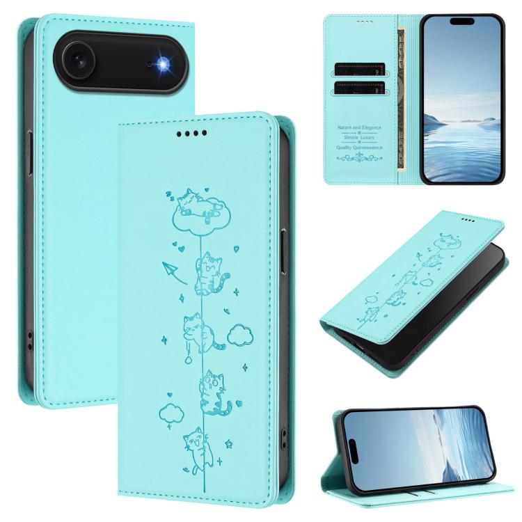 Ốp điện thoại da thuần chay dập nổi mèo dễ thương có nam châm RFID, cho iPhone Air, cho iPhone 16 Pro Max, cho iPhone 16 Pro, cho iPhone 16 Plus