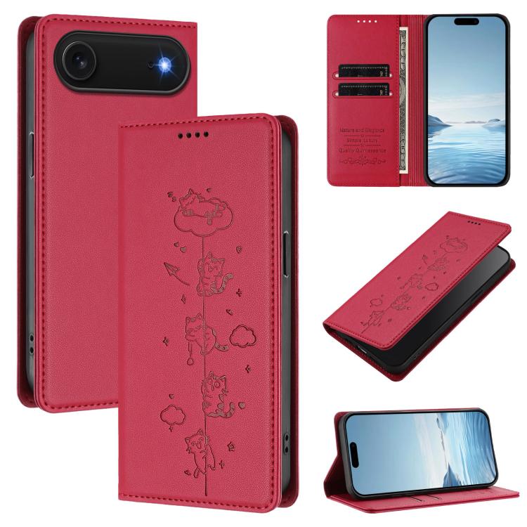 Ốp điện thoại da thuần chay dập nổi mèo dễ thương có nam châm RFID, cho iPhone Air, cho iPhone 16 Pro Max, cho iPhone 16 Pro, cho iPhone 16 Plus