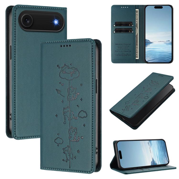 Ốp điện thoại da thuần chay dập nổi mèo dễ thương có nam châm RFID, cho iPhone Air, cho iPhone 16 Pro Max, cho iPhone 16 Pro, cho iPhone 16 Plus