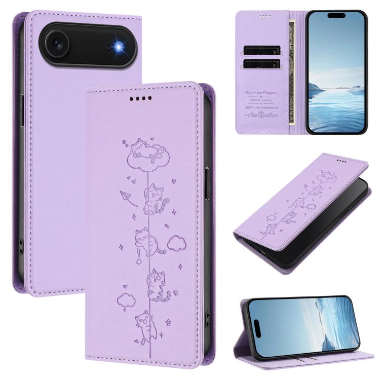 Ốp điện thoại da thuần chay dập nổi mèo dễ thương có nam châm RFID, cho iPhone Air, cho iPhone 16 Pro Max, cho iPhone 16 Pro, cho iPhone 16 Plus