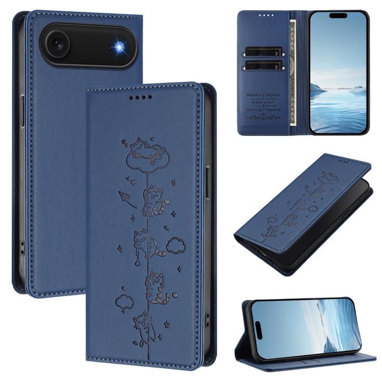 Ốp điện thoại da thuần chay dập nổi mèo dễ thương có nam châm RFID, cho iPhone Air, cho iPhone 16 Pro Max, cho iPhone 16 Pro, cho iPhone 16 Plus