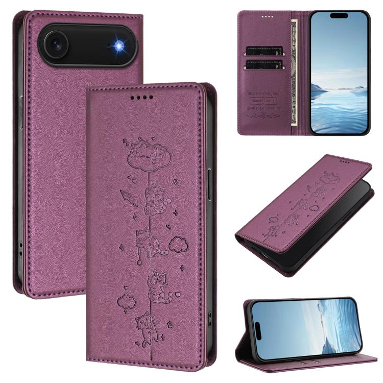 Ốp điện thoại da thuần chay dập nổi mèo dễ thương có nam châm RFID, cho iPhone Air, cho iPhone 16 Pro Max, cho iPhone 16 Pro, cho iPhone 16 Plus