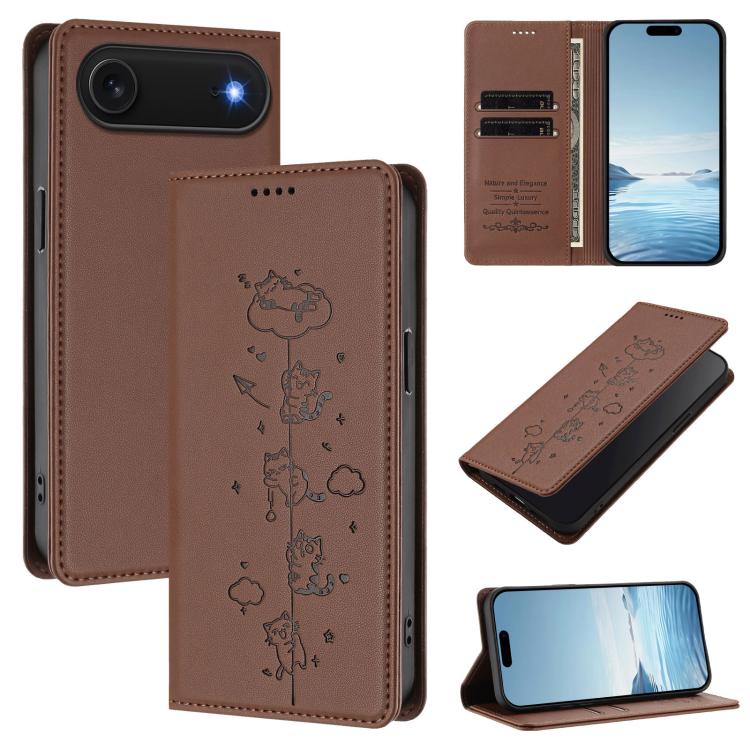 Ốp điện thoại da thuần chay dập nổi mèo dễ thương có nam châm RFID, cho iPhone Air, cho iPhone 16 Pro Max, cho iPhone 16 Pro, cho iPhone 16 Plus