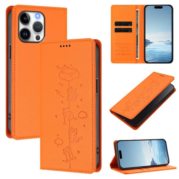 Ốp điện thoại da thuần chay dập nổi mèo dễ thương có nam châm RFID, cho iPhone Air, cho iPhone 16 Pro Max, cho iPhone 16 Pro, cho iPhone 16 Plus