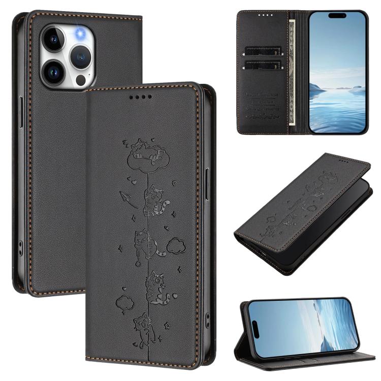 Ốp điện thoại da thuần chay dập nổi mèo dễ thương có nam châm RFID, cho iPhone Air, cho iPhone 16 Pro Max, cho iPhone 16 Pro, cho iPhone 16 Plus